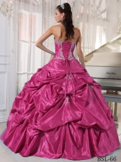Hot Pink Taffeta and Tulle Strapless Appliques Ball Gown Dress with Beading and Pick Ups
