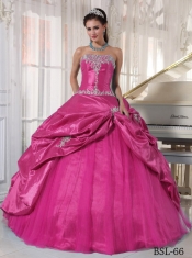 Hot Pink Taffeta and Tulle Strapless Appliques Ball Gown Dress with Beading and Pick Ups
