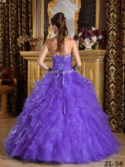 Lavender Organza Sweetheart Ruffles Ball Gown Dress with Beading and Appliques