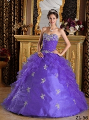 Lavender Organza Sweetheart Ruffles Ball Gown Dress with Beading and Appliques