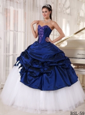 Navy Blue and White Taffeta and Tulle Sweetheart Appliques Ball Gown Dress