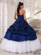 Navy Blue and White Taffeta and Tulle  Sweetheart Appliques Ball Gown Dress
