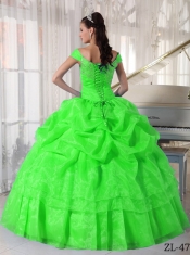 Off The Shoulder Taffeta and Organza Beading Ball Gown Dress in Spring Green