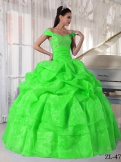 Off The Shoulder Taffeta and Organza Beading Ball Gown Dress in Spring Green