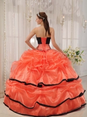 Orange and Black Ball Gown Strapless  Quinceanera Dress with Satin and Organza Beading