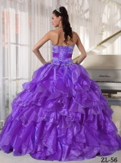 Organza Appliques Strapless Ball Gown Dress in Lilac with Ruffeles and Beading