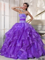 Organza Appliques Strapless Ball Gown Dress in Lilac with Ruffeles and Beading