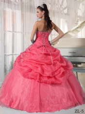 Organza Watermelon Beading Strapless Ball Gown Dress with Appliques and Ruching