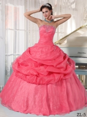 Organza Watermelon Beading Strapless Ball Gown Dress with Appliques and Ruching