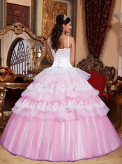 Pink Ball Gown Spaghetti Straps Elegant Organza Lace Appliques Quinceanera Dress
