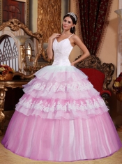 Pink Ball Gown Spaghetti Straps Elegant Organza Lace Appliques Quinceanera Dress