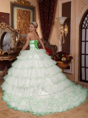 Popular Quinceanera Dress In White Ball Gown With Strapless Detachable Train And Organza Appliques In 2013