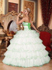 Popular Quinceanera Dress In White Ball Gown With Strapless Detachable Train And Organza Appliques In 2013