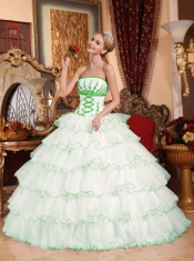 Popular Quinceanera Dress In White Ball Gown With Strapless Detachable Train And Organza Appliques In 2013