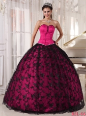 Pretty Hot Pink and Black Lace and Taffeta Sweetheart Ball Gown Dress