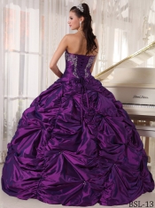 Purple Taffeta Pick Ups Strapless Beading and Appliques Ball Gown Dress