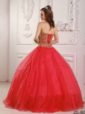 Quinceanera Dress In Coral Red A-Line / Princess With Sweetheart Floor-length and Beading
