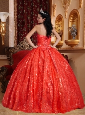 Red Strapless Sequined Ball Gown Dress with Beading and Appliques