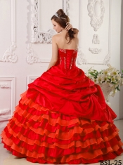 Red Taffeta Strapless Beading Ball Gown Dress with Pick Ups and Ruffled Layers