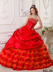 Red Taffeta Strapless Beading Ball Gown Dress with Pick Ups and Ruffled Layers