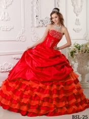 Red Taffeta Strapless Beading Ball Gown Dress with Pick Ups and Ruffled Layers