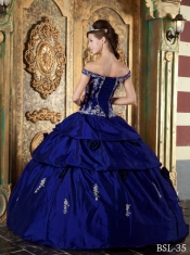 Royal Blue Off The Shoulder Taffeta Appliques and Ruching Ball Gown Dress with Pick Ups