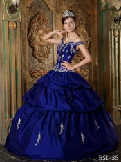Royal Blue Off The Shoulder Taffeta Appliques and Ruching Ball Gown Dress with Pick Ups