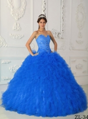 Ruffels Sweetheart Satin and Organza Beading Ball Gown Dress in Aqua Blue