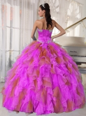 Ruffles Sweetheart Organza Ball Gown Dress with Appliques and Hand Made Flower in  Multi-colour