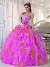 Ruffles Sweetheart Organza Ball Gown Dress with Appliques and Hand Made Flower in  Multi-colour