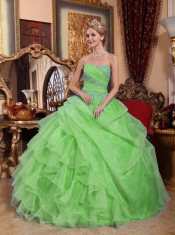 Spring Green Ball Gown Sweetheart Organza Quinceanera Dress with Appliques and Ruched