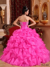 Strapless Organza Ruffles and Appliques Rose Pink Beading Ball Gown Dress