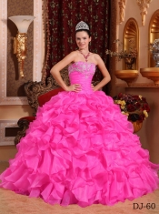 Strapless Organza Ruffles and Appliques Rose Pink Beading Ball Gown Dress