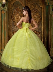 Sweet Yellow Strapless Organza Ball Gown Dress with Appliques