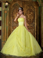 Sweet Yellow Strapless Organza Ball Gown Dress with Appliques