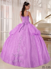 Taffeta and Organza Spaghetti Straps Ball Gown Dress in Lilac with Appliques Beading and Ruching