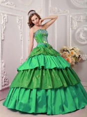 Taffeta Multi-color Strapless Appliques Ball Gown Dress with Ruffled Layers and Bokwnot