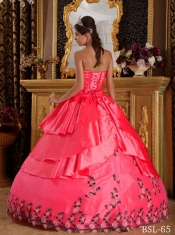 the Super Hot Quinceanera Dress In Coral Red With Sweetheart Floor-length Taffeta Appliques In 2013
