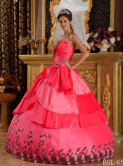 the Super Hot Quinceanera Dress In Coral Red With Sweetheart Floor-length Taffeta Appliques In 2013