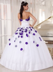 White and Purple Strapless Beading and Hand Made Flowers Ball Gown Dress with Ruchings