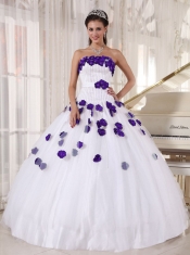 White and Purple Strapless Beading and Hand Made Flowers Ball Gown Dress with Ruchings