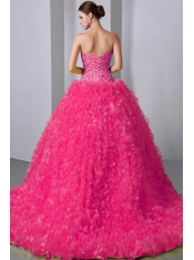 2014 A-Line / Princess Sweetheart Hot Pink Brush Train Organza Beading Quinceanea Dress
