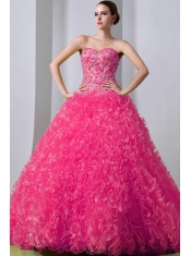 2014 A-Line / Princess Sweetheart Hot Pink Brush Train Organza Beading Quinceanea Dress