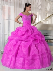 2014 Ball Gown Off The Shoulder Hot Pink Floor-length Taffeta and Organza Beading Discount Quinceanera Dresses