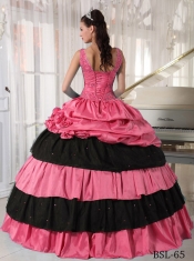 2014 Ball Gown Taffeta Beading Watermelon and Black Discount Quinceanera Dresses