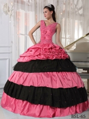 2014 Ball Gown Taffeta Beading Watermelon and Black Discount Quinceanera Dresses