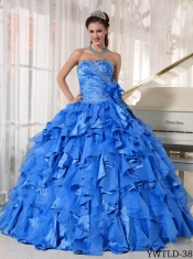 2014 beautiful Blue Sweetheart Ball Gown Floor-length Organza Beading Discount Quinceanera Dresses