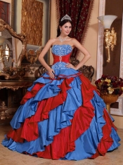 2014 Blue and Red Taffeta Ball Gown Strapless Floor-length Cheap Quinceanera Dresses