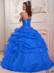 2014 Blue Ball Gown Beading Strapless Floor-length Organza Cheap Quinceanera Dresses