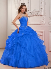 2014 Blue Ball Gown Beading Strapless Floor-length Organza Cheap Quinceanera Dresses